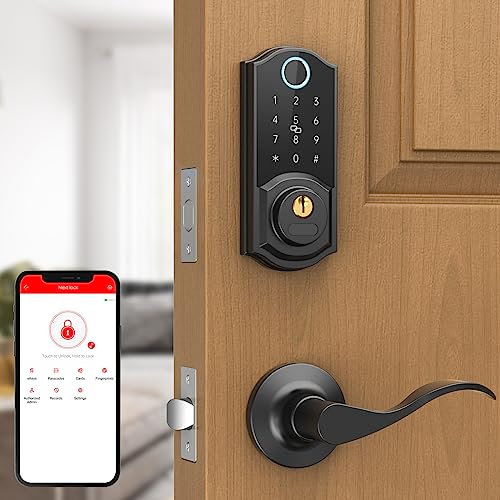 Keyless Entry Door Lock with Handle Set - Fingerprint Smart Lock Front Door, Smart Door Lock with Handle, Digital Bluetooth Keypad Deadbolt Lock Set with Alexa, Electronic Door Lock, Auto Lock
