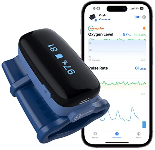 Wearpulse O2 Pulse Oximeter Fingertip, Oxygen Saturation Monitor, Bluetooth Pulse Rate Tracking with App, Continuous Rechargeable O2 Finger Oxygen Meter, 4 * 10 Hrs Built-in Memory, Smart Reminder