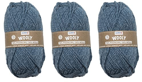 GLOREX 5 1002 50 - 3er Set Strickgarn Wooly aus 70 % Acryl & 30 % Wolle, je 50 g blau meliert, sehr weich, wärmend, angenehm zu tragen