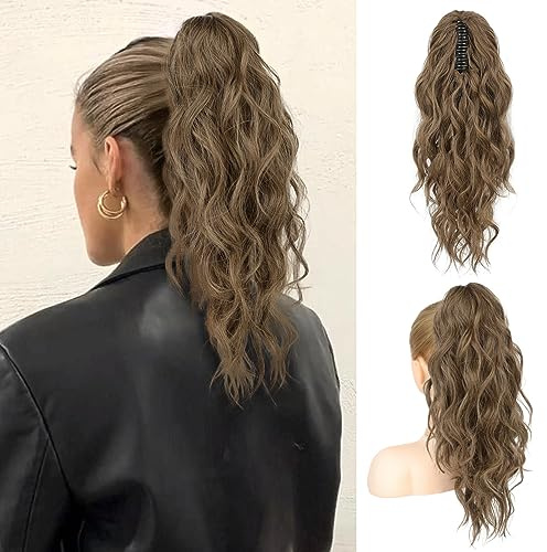 FLUFYMOOZ Ponytail Extension Pferdeschwanzverlängerung, 46 cm Klauenclip Pferdeschwanzverlängerung, gewellte lockige Klauenclip in Pferdeschwanz Haarverlängerungen (Dunkles Aschblond mit Highlights)