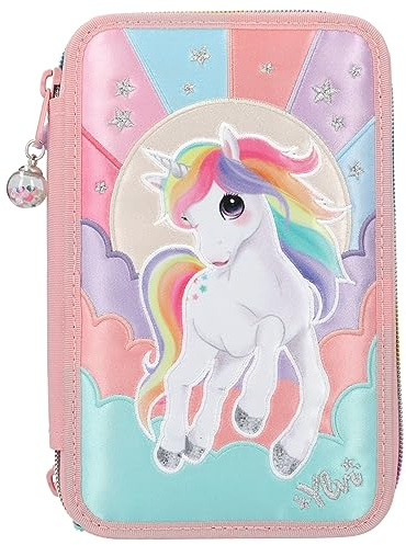 Depesche 12616 Ylvi Rainbow - Gefüllte 3-Fach Federtasche mit Einhorn Motiv und glitzerndem Kugelanhänger, Federmäppchen mit Buntstiften, Lineal, Schere uvm.