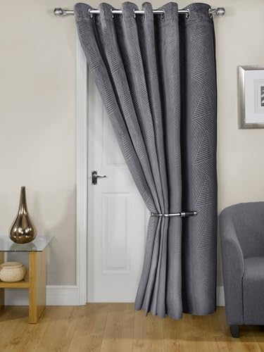 Emma Barclay Midnight - Embossed Velvet Woven Thermal Eyelet Door Curtain (Charcoal, Width 66 x 84Drop (168x213cm))