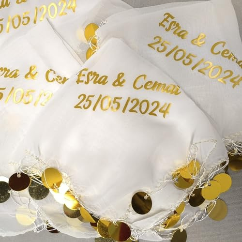 10x Personalisiert Luxus Halay Mendili goldene Schrift Tanztücher Dügün Hochzeit Verlobung Kina Mendil (Weiß)