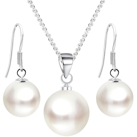 Löb Damen Schmuckset 925 Silber mit runden Perlen Halskette Anhänger Weiß Kette Perlenohrringe Hängend Tropfen Set Brautschmuck | Geschenke für Frauen Freundin Mama Mutter