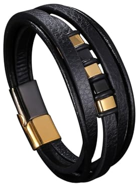 Homxi Armreifen Herren Silber Schwarz,Armreifen Herren Edelstahl Mehrschichtiges Leder Armbänder Herren