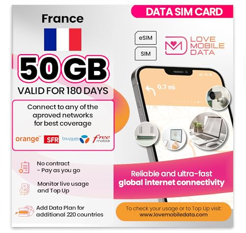 Love Mobile Data Only Sim Card - International Multi-Network 4G/5G Prepaid Pay As You Go Data Sim for Mobile Phones, WiFi Routers, & More, UK (O2, Three & Vodafone) & France - 50GB for 6 Months