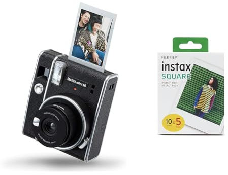 instax mini 40 instant film camera, easy use with automatic exposure, Black & SQUARE instant Film 50 shot pack, white Border, suitable for all instax SQUARE cameras