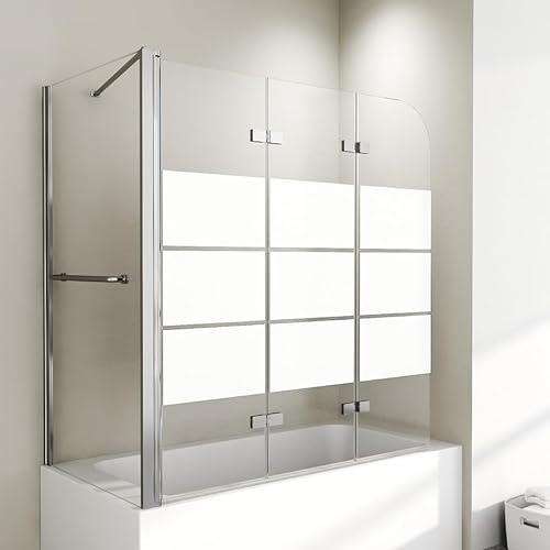 Duschwand für Badewanne mit Seitenwand 75x120x140cm 3-teilig Faltbar Duschtrennwand, Gestreift Glas Duschabtrennung Dreiteilig 6mm ESG Sicherheitsglas Badewannenwand, Seitenwand mit Handtuchhalter