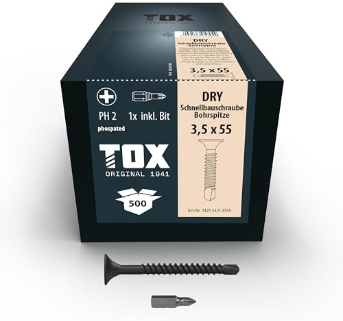 TOX Schnellbauschrauben DRY BS 3,5 x 55 mm, 500 Stk. | Schwarz phosphatiert, mit Bohrspitze für Gipskarton auf Metall-Unterkonstruktion, PH2, inkl. Bit, 142553213555