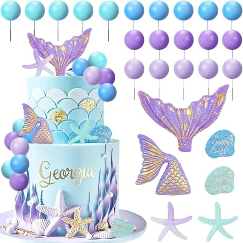 Lukinuo Meerjungfrau Kuchen Toppers 24pcs kleine Meerjungfrau Figur unter dem Meer Kuchen Topper Meeralgen Palmblätter Blase Seestern Schale Schwanz Kuchen Dekorationen