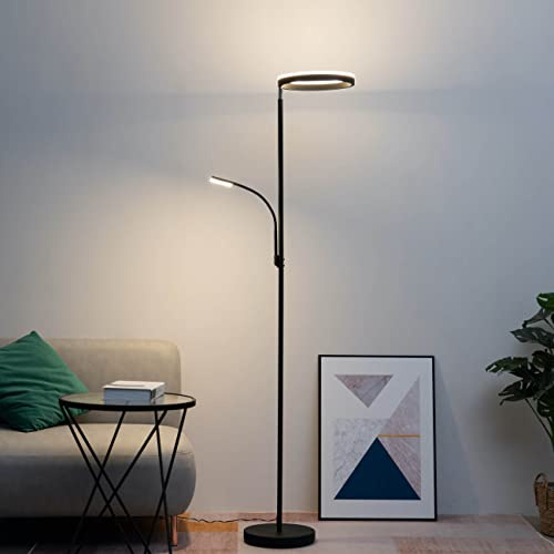KOSILUM – Stehleuchte, Schwarz, doppelte LED-Beleuchtung, Pancho, warmweißes Licht, Beleuchtung für Wohnzimmer, Schlafzimmer, Küche, Flur, – 2120 lm – integrierte LED – IP20