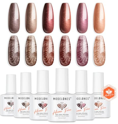 Modelones UV Nagellack Braun Violett Glitzer 6 Farben Orange Gold Gel Nagellack UV Lack Gellack Set Gelnägel für Soak Off Gel Nail Polish French Manicure Nail Art Nageldesign