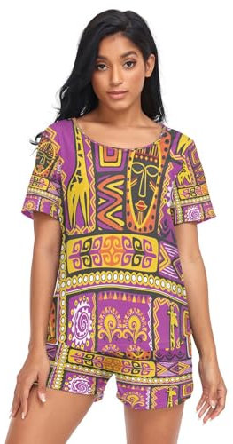HMZXZ Damen Schlafanzug-Set Ethnisch afrikanisch Giraffe Sommer Pyjama Woman Set,Karikatur Tier Loungewear und Shorts Lounge Set Sleepwear Nachtwäsche