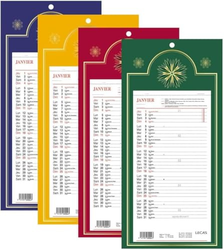 LECAS - 1 Plaque Calendrier Mensuel Long Classique - Janvier 2026 à Décembre 2026 - Dimension 16 x 33,3 cm - 4 coloris disponibles