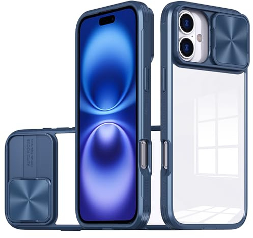 LIUKM Fodral för iPhone 16, mobiltelefonfodral med kameraskydd och halkskydd, stötsäkert reptåligt skyddshölje, mjuk TPU silikon och hård PC hybrid transparent fodral – blått
