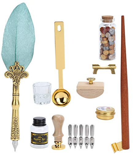 Jeanoko Vintage-Luxus-Federstift-Wachs-Set, Quill-Tintenstempel-Set in Geschenkbox mit Metallhalter, Kristallglasbecher für Kalligraphie, Skizzieren, Zeichnen, Schreiben (SP225043