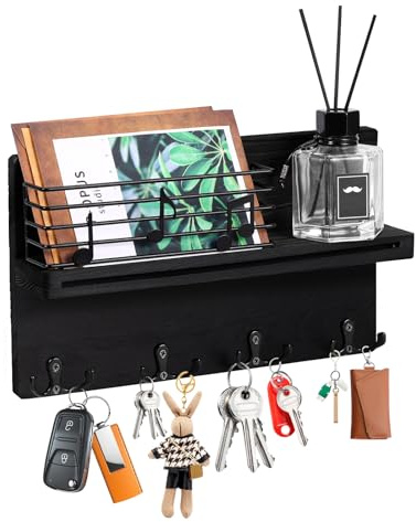 Portachiavi da parete, in legno, con 4 ganci doppi e recinzione, organizer da parete con ripiano per corridoio, ingresso, decorazione per la casa, accessori per riporre oggetti (nero)