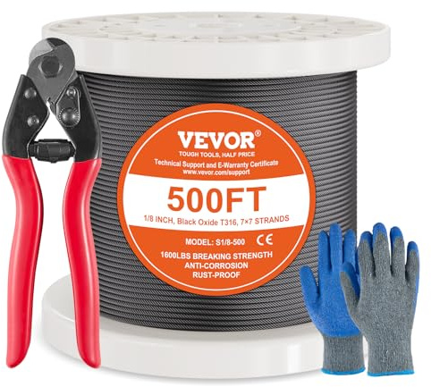 VEVOR Câble Acier Inoxydable, 3,18 mm x 152,4 m, Câble Métallique Inox 316 Tressé 7x7 Qualité Aéronautique Marine avec Coupe-fil, Gants, Résistance de Rupture 7,1 kN, pour Garde-corps, Clôture, Rampe