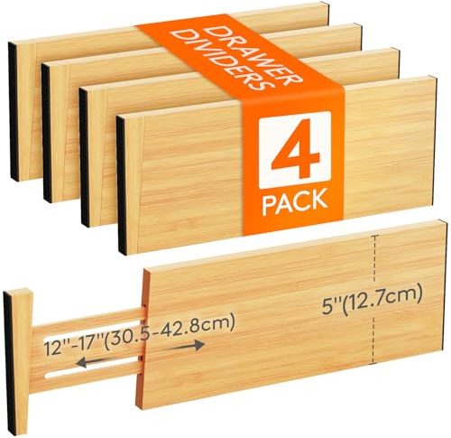 Lifewit 4-pack bambulådavdelare 12,7 cm höga, 30,48 – 43 cm justerbara lådorganisatörer för kläder, expanderbara byråseparatorer i sovrum/badrum/kök/kontor organisation och förvaring