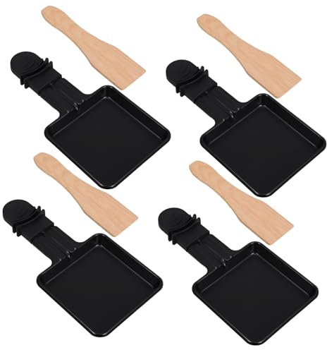SECFOU Mini Raclette Grill Pans Cheese Melting Pans and Wooden Spatulas, Electric Square Non-Stick Griddle Frying Plates for Small Barbecue and Cheese Melter Set of 4
