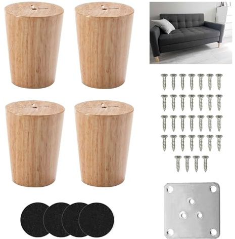 4 Pezzi Gambe per Mobili in Legno, Rotondi Piedini per Mobili in Legno 6 cm, Gambe per Mobili con Piastra di Ferro,Pad Antiscivolo e Viti, Piedi per Mobili per Divano, Cassettiere, Armadio, Letto