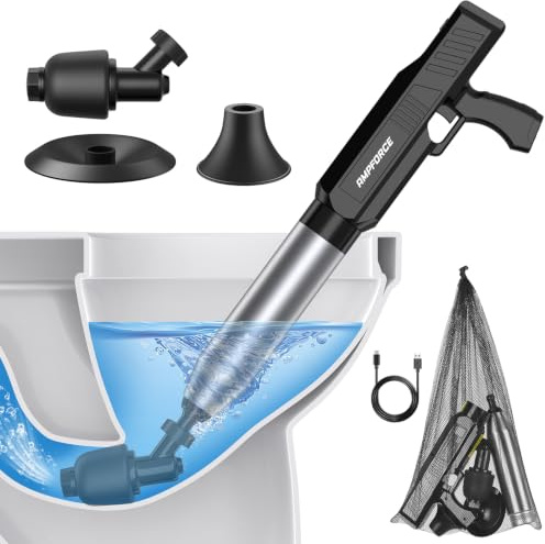 AMPFORCE Elektrische Toilettenpumpe Druckluft Rohrreiniger | Hochdruck-Luft-Pümpel mit einstellbarem Druck & Sicherheitsventil | Verstopfungslöser für WC, Abfluss, Waschbecken & Küche