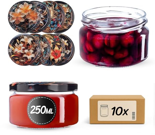 KADAX Juego de 10 tarros para mermelada de 250 ml con tapa de rosca de 82 mm en forma de lirio - hermético, apto para lavavajillas, ideal para mermelada, chutneys, verduras encurtidas, carne, pasteles