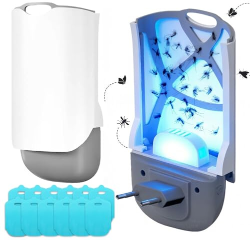 Lot de 2 piège à Mouche avec lumière Bleue,2 pièges à Mouches d'intérieur + 12 Cartes de Colle,Non Toxique, Prise Anti Insectes Electrique, Moustique Tueur avec UV Lampe pour Insectes, Moustiques