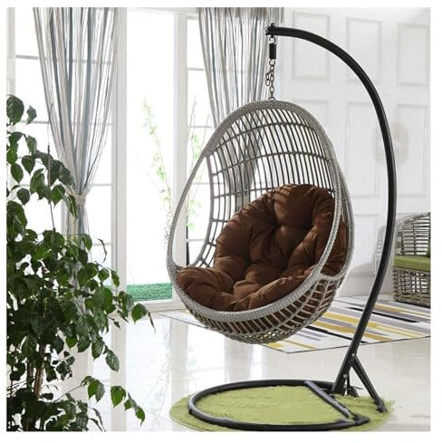 Silla columpio de ratán marrón para exteriores e interiores con cojines en forma de huevo, diseño de hamaca para decoración de jardín y patio