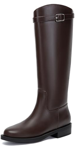 Athlefit Women's Knee High Riding Boots Wide Calf Low Heel Tall Brown Boots Round Toe Fashion Long Booties Size 7