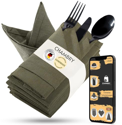 chambry 6 Premium Stoffservietten 100% Leinen Stonewashed - 40cm x 40cm - inkl. Faltanleitung als E-Book - Handarbeit Made in Germany - wiederverwendbar, elegant und nachhaltig - Khaki
