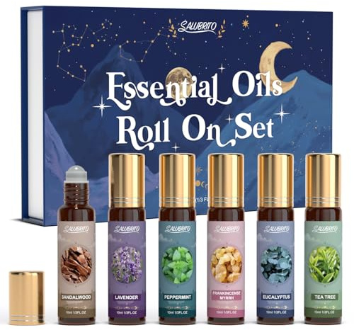 SALUBRITO Essential Oil Roll On Set, Aromatherapy Oil Roller Ball for Skin, Anxiety Relief, Relaxation Gift for Women, Lavender, Peppermint, Tea Tree, Eucalyptus, Frankincense, Myrrh, Sandalwood