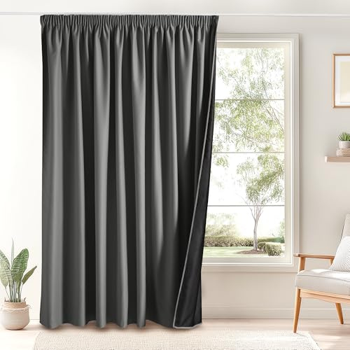 PONY DANCE 100% Verunkelungsvorhang für Schienensystem 1er Set | H 245 x B 300 cm, Grau, Thermovorhang Hitzeschutz, Blickdicht, mit Kräuselband, für Schlafzimmer, Extra Breite, UV-Schutz