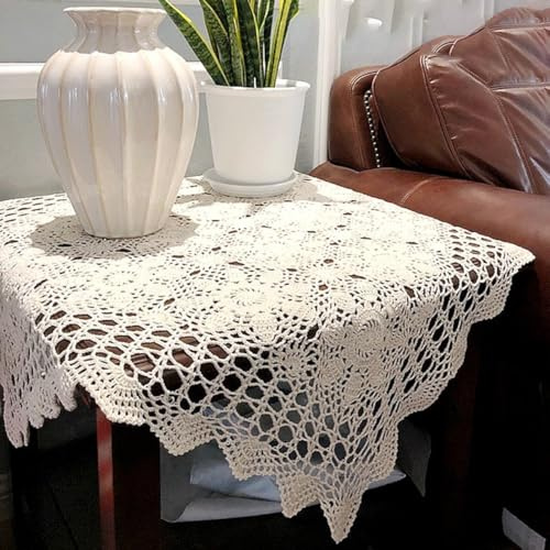 Napperon carré vintage en coton avec dentelle au crochet et nappe, nappe rectangulaire en dentelle avec motifs floraux élégants, pour décoration (60 x 60 cm, beige)