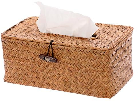Rechteckige Seegras Kosmetiktuchbox, Karamellen Rattan Taschentuchbox, Handgewebt Kosmetiktücherboxen Taschentuchhalter, Taschentuchbox für Badezimmer Wohnzimmer Büro Restaurant Handarbeiten