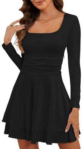 CheChury Damen Kleider Square Neck Elegant Partykleid Langarm Kleider Cocktailkleid Bodycon Kleid Kurz Langarmkleid Abendkleider Minikleid Slim Fit Hohe Taille Falten Kleid mit Eckigem Ausschnitt