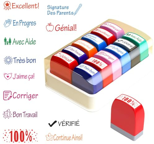 BIZOI 12 Pièces Tampons Enseignants Français, Tampon Enseignant Français, Tampon Encreur Enseignant Français, Tampon Maitresse D'école avec Motif Mignon pour Encourager Motiver Élèves