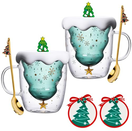 CAUTIOUS Tazze Natalizie in Vetro a Doppia Parete, Tazzine Caffe Natalizie 280ML, Bicchieri Natalizi Albero di Natale, Tazze Natalizie Particolari, Tazza da Tè, Tazza da Latte, Tazza Espresso