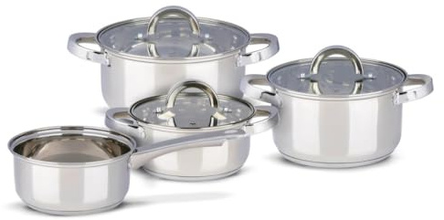 Alpina Set di pentole a induzione 4 pezzi – pentole in acciaio inox con coperchi in vetro – Set pentole per tutti i fuochi – pentole a induzione – utensili da cucina in acciaio inox