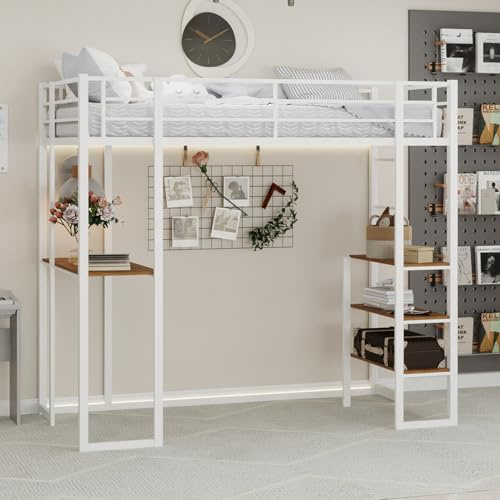 PUGSDRLY Lit Mezzanine Enfant 90x190cm Métallique,Lit Mezzanine 1 Place avec Grand Bureau en L,Escaliers de Rangement,Haute Barrièr,pour Enfants Adolescents (B-Blanc)