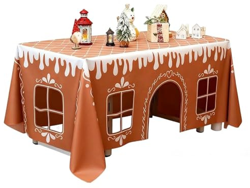Christmas Gingerbread Tablecloth Holiday Playhouse Table Tent Reusable Washable Festive Rectangle Kitchen Table Cover Decoration for Family Gathering Kids Birthday Xmas Party (A, 180×150cm)