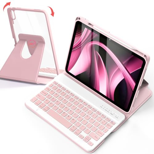 360 Rotating Keyboard Case for iPad A16 11th Generation 2025/10th Generation 2022(10.9 inch) With Keyboard, Detachable Keyboard Folio Cover with Pencil Holder for iPad 11/10 Gen, US Layout, Light Pink
