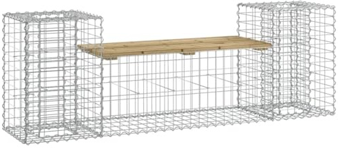 RCODSSK Garden Bench with Gabion Design, 183x41x60.5 cm, Impregnated Pine Wood Seat and Galvanised Steel Gabion Basket Base with Two Planter Boxes