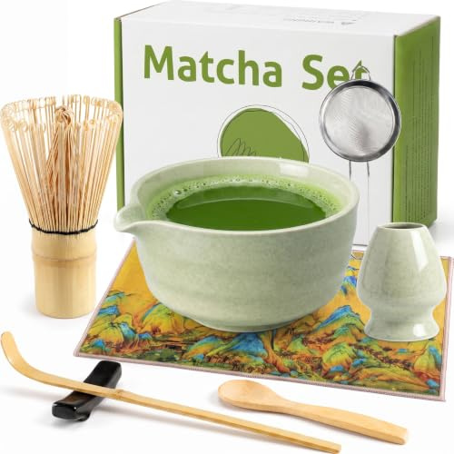 Matcha Kit 8 Piezas con Bol Cerámico Vertedor y Batidor de Bambú | Vertido sin Goteos, Espuma suave y Cremosa, Fácil Preparación, Diseño Elegante, Experiencia Japonesa