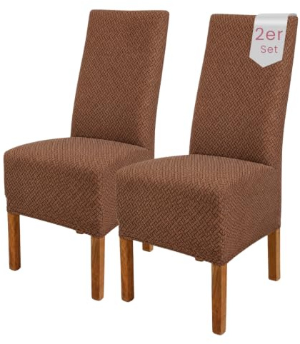 Scheffler Home Stuhlhussen Braun 2er Set Elastisch Luna-lang | Feine Microfaser-Stretch Stuhlbezüge, waschbar und pflegeleicht, für Hochlehner und Polsterstühle