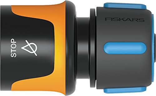 Fiskars Schlauchanschluss, Mit Stopp-Mechanismus, SoftGrip-Kontaktpunkte, Universalgröße, Ø 1,3-1,5 cm (1/2-5/8''), 32 g, Schwarz/Orange/Blau, 1027080