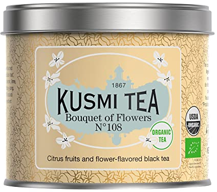 Kusmi Tea - Bouquet de Fleurs N°108 Bio - Thé Noir Earl Grey Biologique à la Bergamote et à l'Ylang-Ylang, Aromatisé aux Agrumes - Boîte Thé Métal 100g - Quantité pour environ 50 Tasses