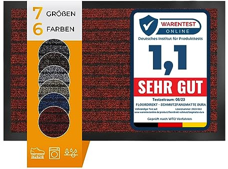 Floordirekt Schmutzfangmatte Dura | Robust & Strapazierfähig | In vielen Größen und Farben | rutschfeste Sauberlaufmatte für Innen und Außen (Rot, 100 x 120 cm)
