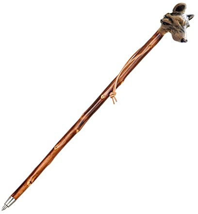 Jagd-Schnitzerei Peter® Wanderstock Holz, geschnitzter Wolfskopf schauend, Wunschgravur-15 Zeichen Ink, 98-180cm