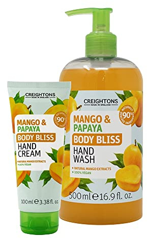 Body Bliss Mango & Papaya Hand Care Duo (100ml Hand Cream & 500ml Hand Wash) - Waken your Senses & Kick Start your Day. Cruelty Free. Vegan Friendly. Made with 90% Naturally Derived Ingredients